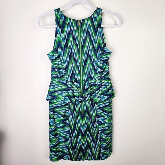 Milly Green Blue Novelty Peplum Sheath Dress Size 4 Mod 60s Retro Designer - Picture 6 of 7